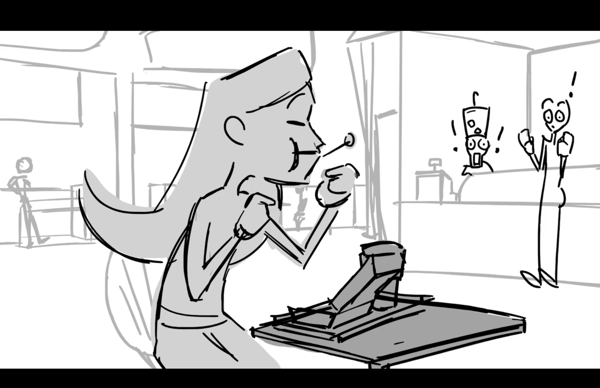 Animated still of a female character chomping on a burger. Two other characters are observing in shock at the side.