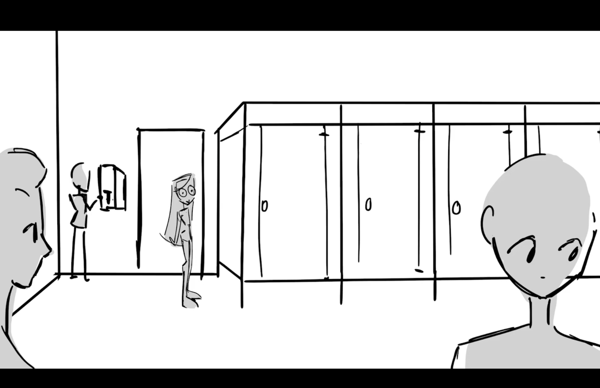 Animated still of a female character standing with a blank expression in a girls' bathroom, next to a row of cubicles.