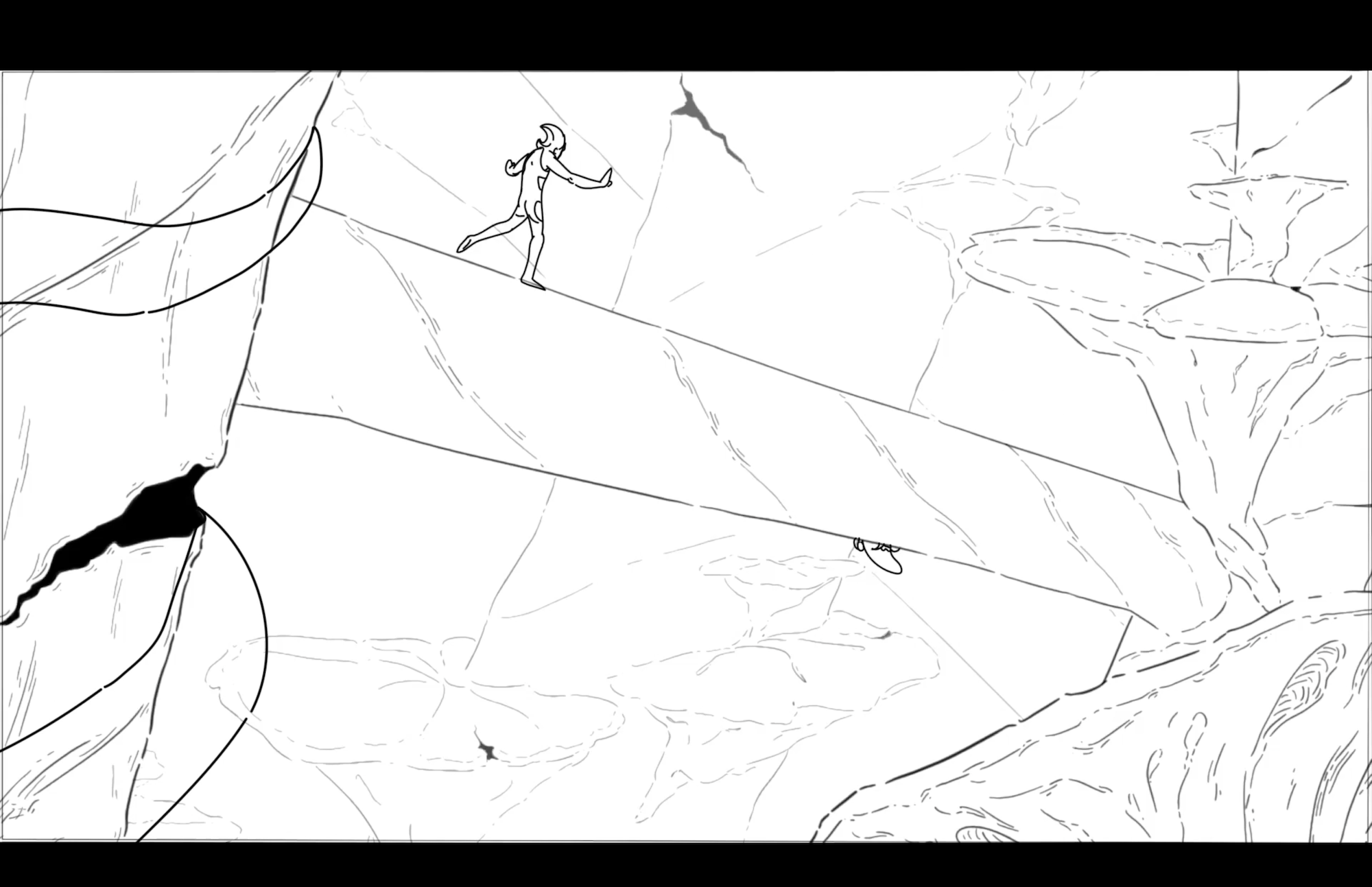 Uncoloured animation of a character running along a log towards another tree.