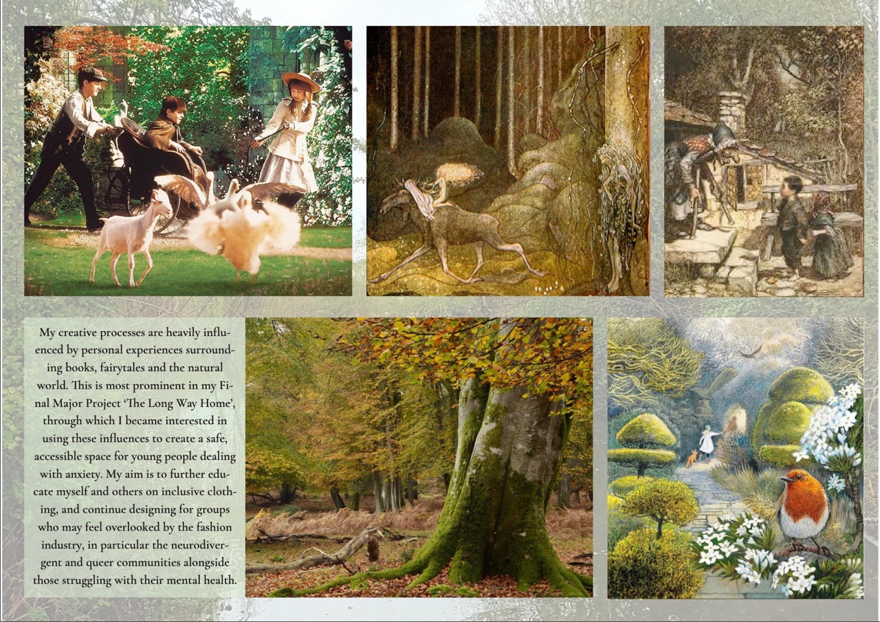 A collage of six images featuring: a woman in a straw hat walking with two dogs, people in a wooded setting, a cottage in a forest, a tree with colourful leaves, a tranquil forest path, and a bird near flowers by water.