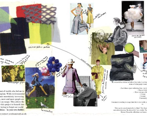 A collage of fashion sketches, fabric samples, and photographs featuring various designs. Images include models in dresses, a field with people, balloons, and textures from fabric swatches, all annotated with handwritten notes.