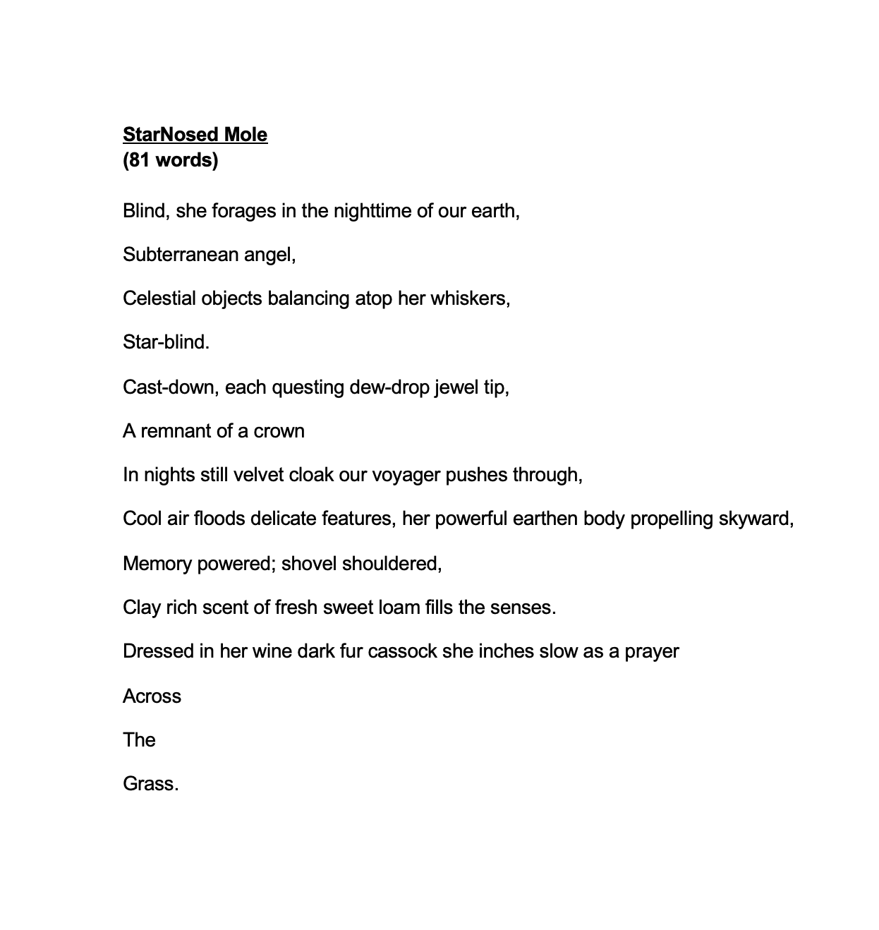 A page of a poem titled 'StarNosed Mole' in black text on a white background, with the title underlined at the top.