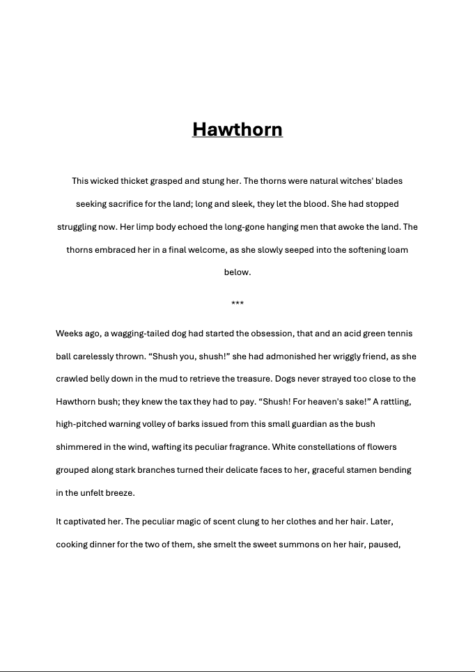 White page with short story titled 'Hawthorn'.