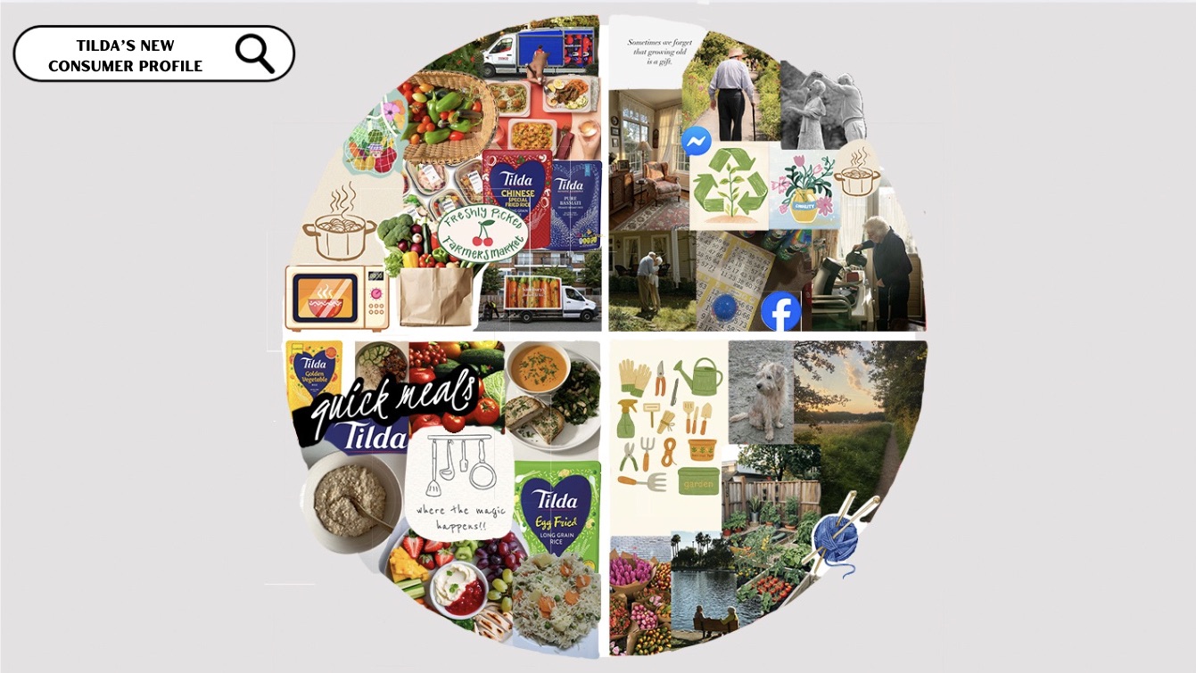 A circular collage for Tilda’s new consumer profile combines food packaging, grocery items, gardening scenes and social media icons on a light background.