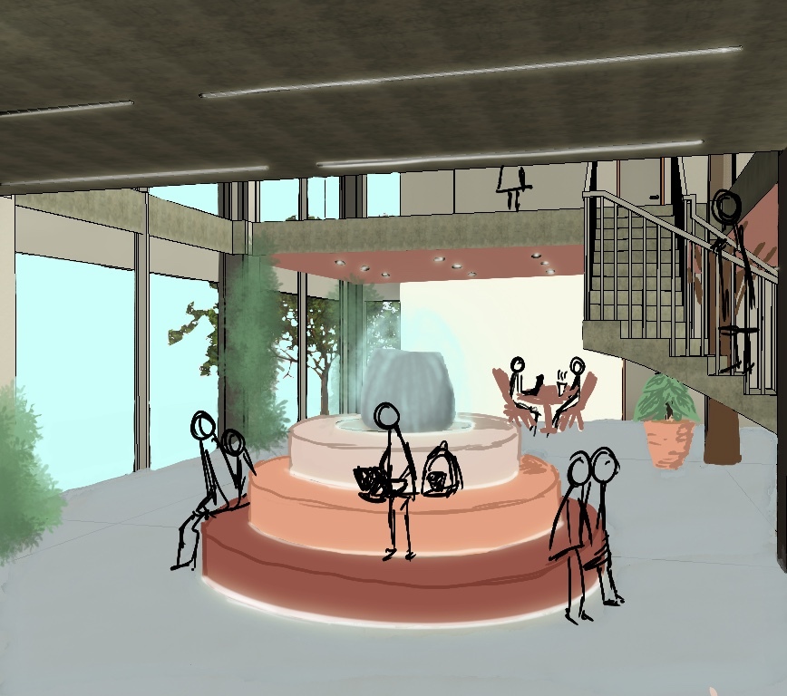 Interior illustration with stick figures around orange circular stepped platform. Glass walls, metal staircase right side, muted colours.