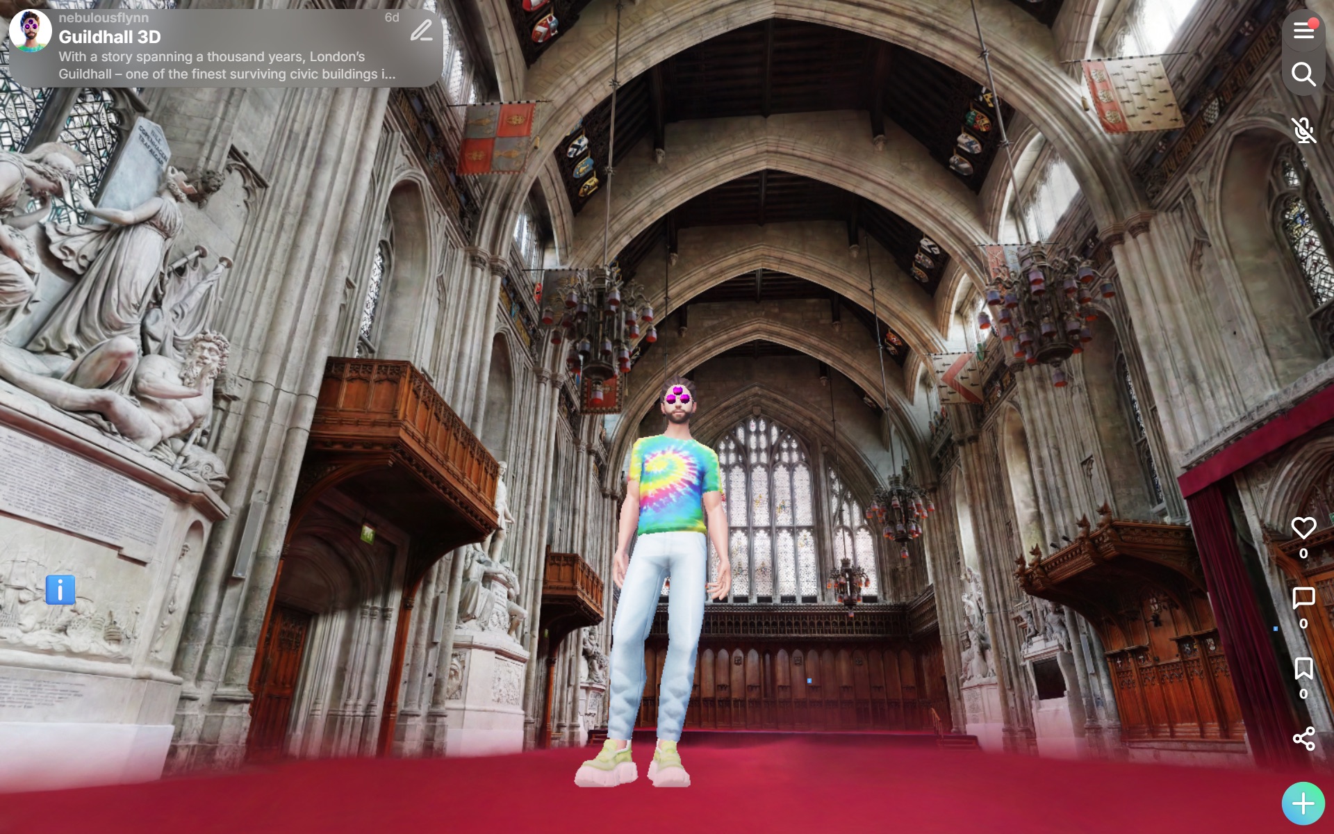 A person wearing a colourful T-shirt and trousers stands in the nave of a Gothic cathedral with arched ceilings, carved stonework and a red carpeted floor.