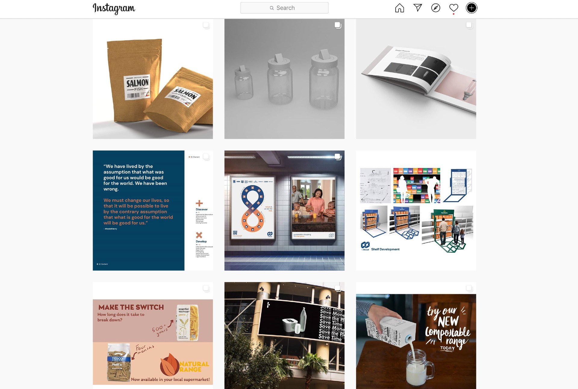 Screenshot of an Instagram feed showing a grid of nine different images.