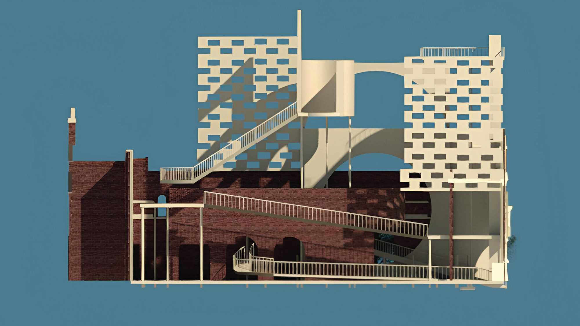 Architectural mock-up of a building's interior, on a blue-grey background.