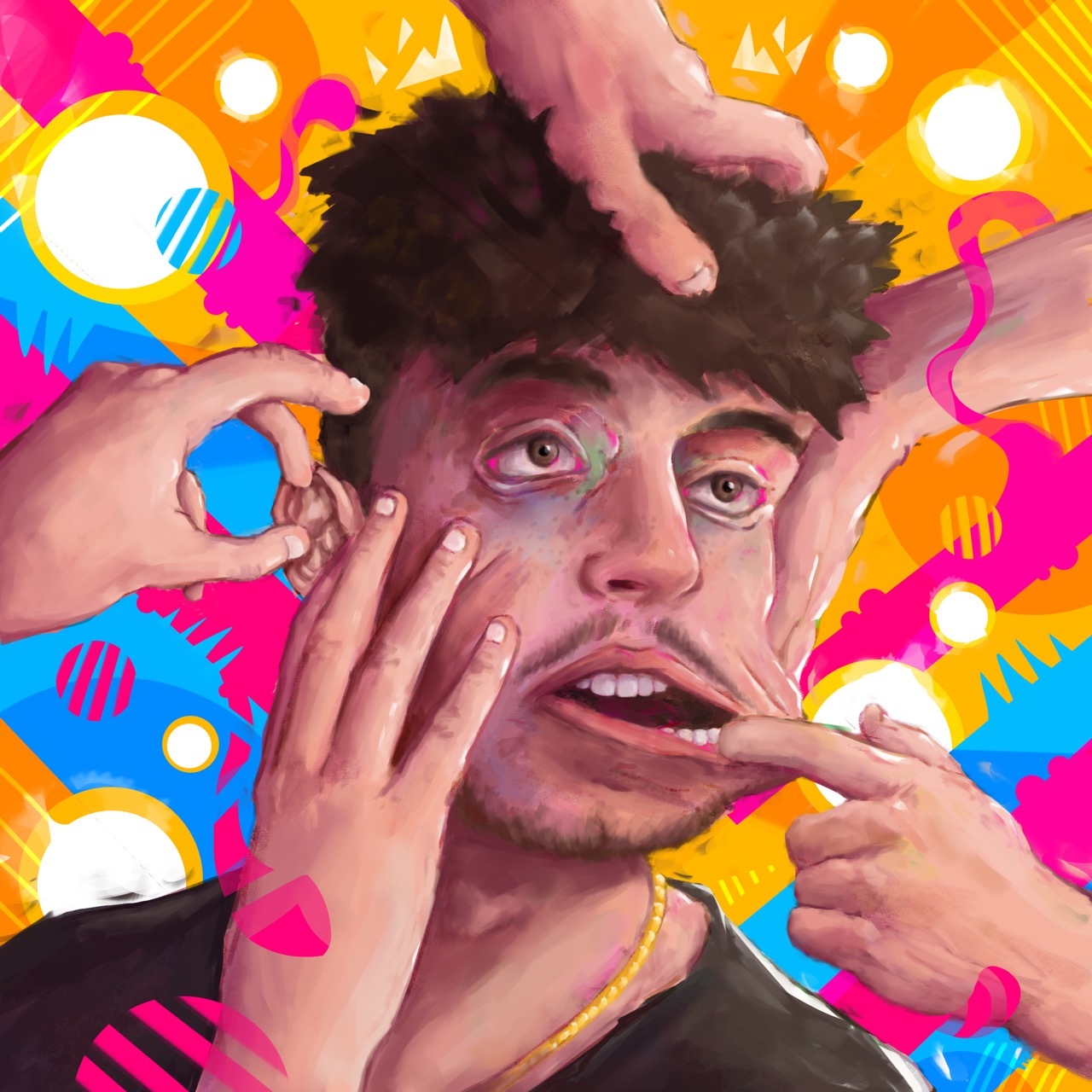 Self-portrait of Ben Page with hands tugging at his face, psychedelic bubbly pink and yellow background.