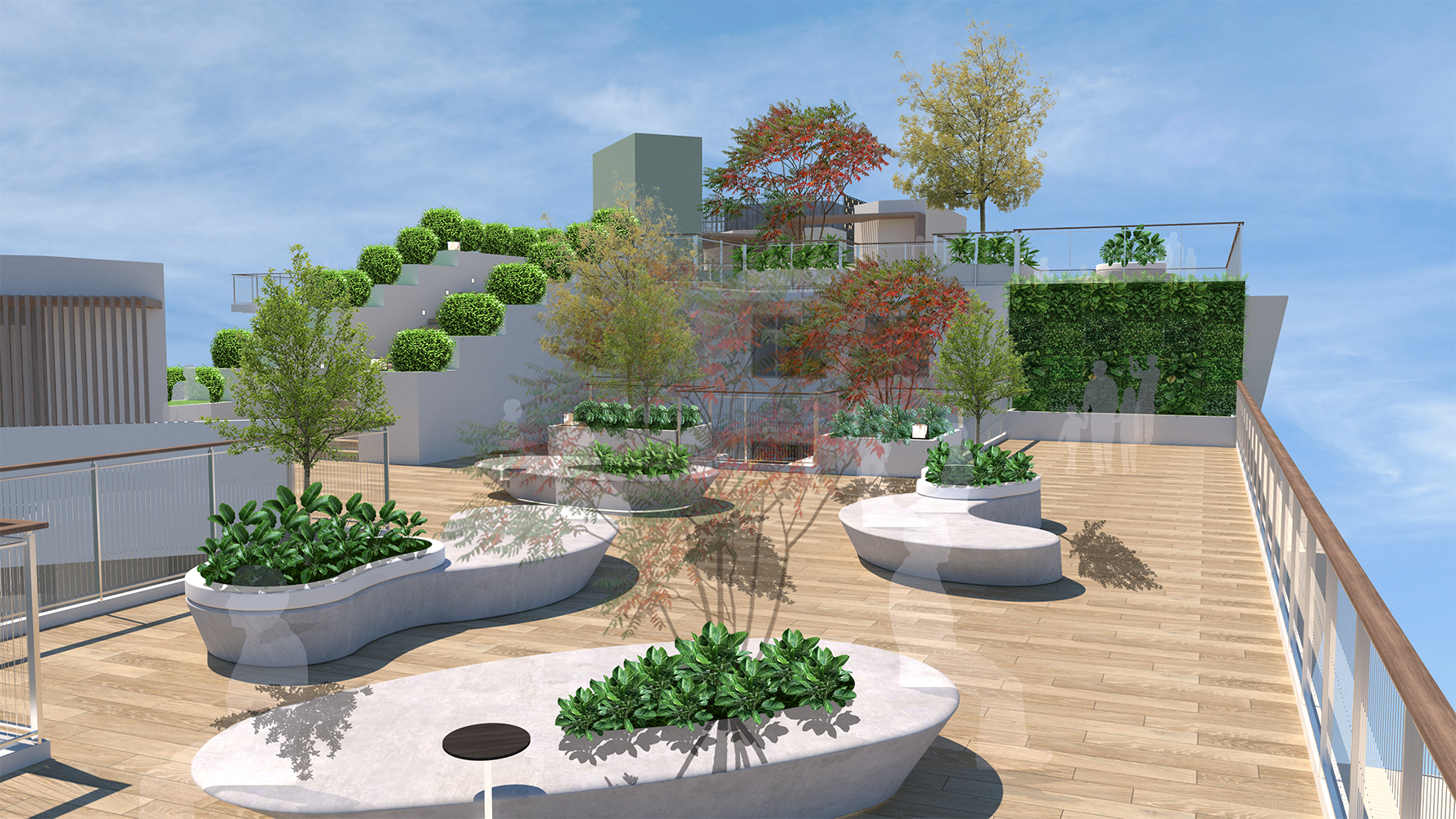 Modern rooftop garden with wooden decking, white curved planters, green vegetation, glass railings and blue sky backdrop.