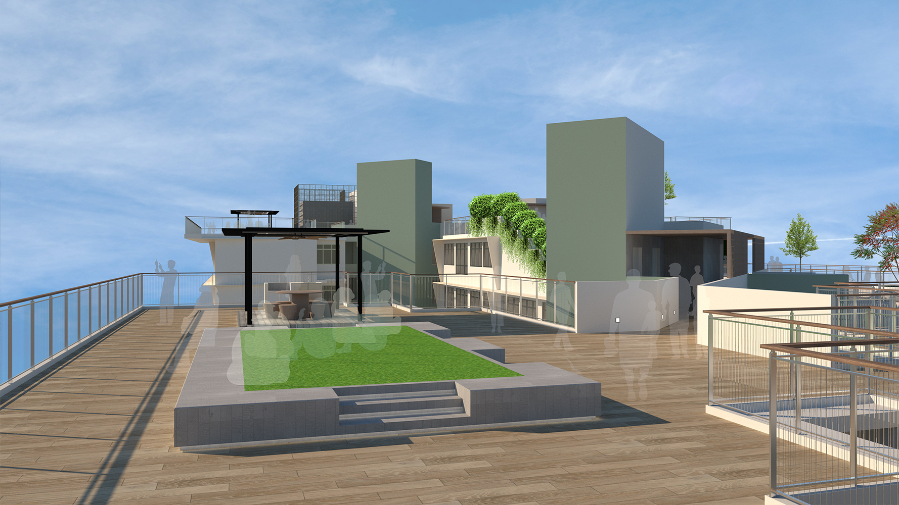 3D architectural rendering of modern buildings with grey and green facades, wooden decking, small green lawn area, and blue sky background.