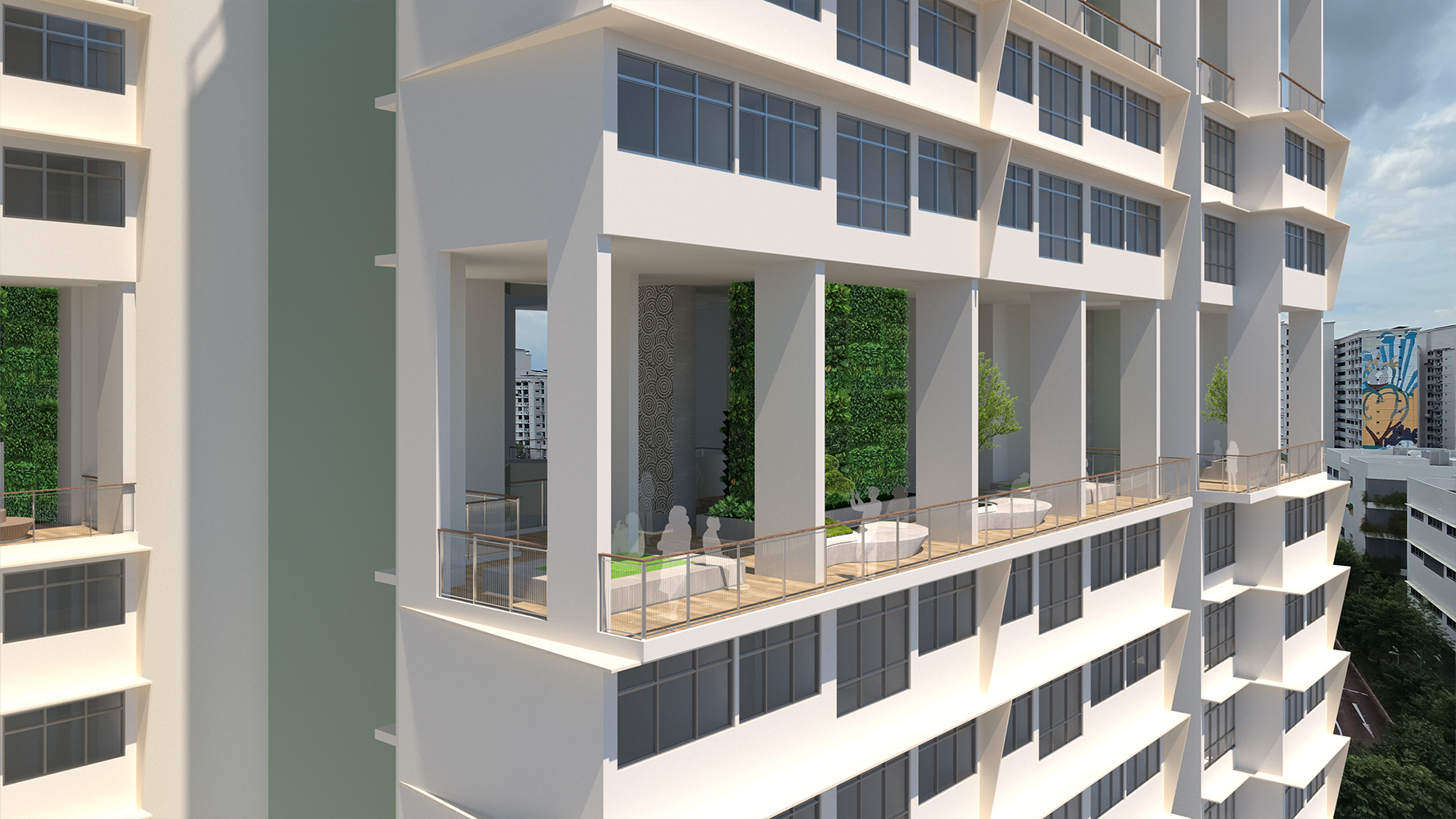 Modern white apartment building with green accent columns, glass balconies, and large windows. Urban setting with cloudy sky.