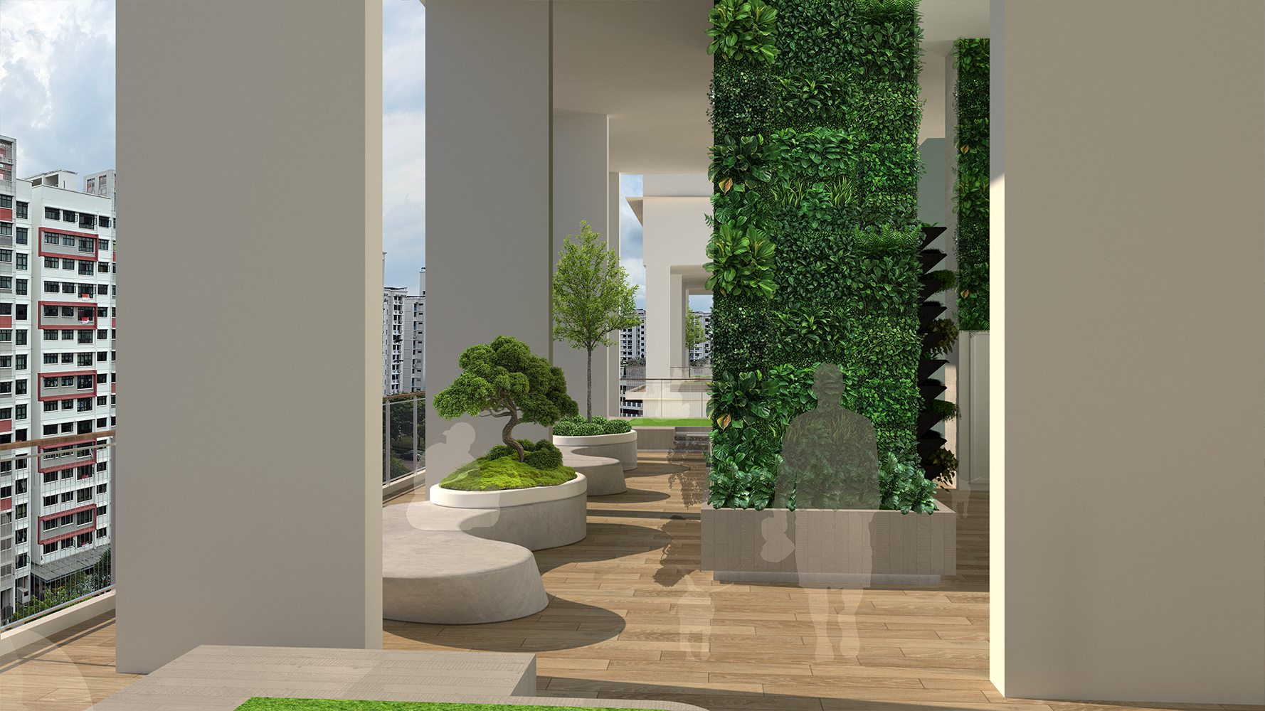 Modern interior with white columns, green living wall, circular planters with plants, and polished floors leading to city view.