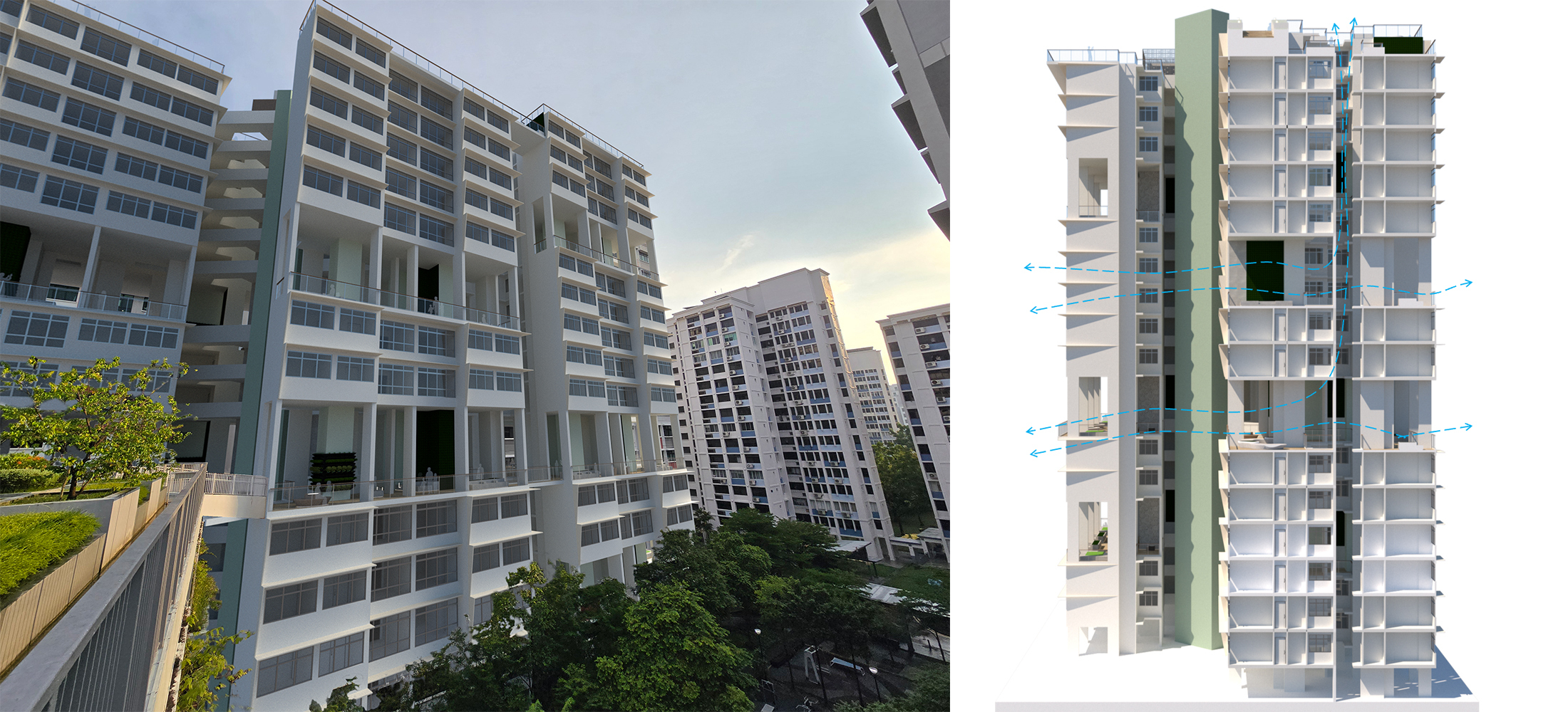 Modern white residential tower blocks with balconies surrounding central courtyard with green trees under cloudy sky.