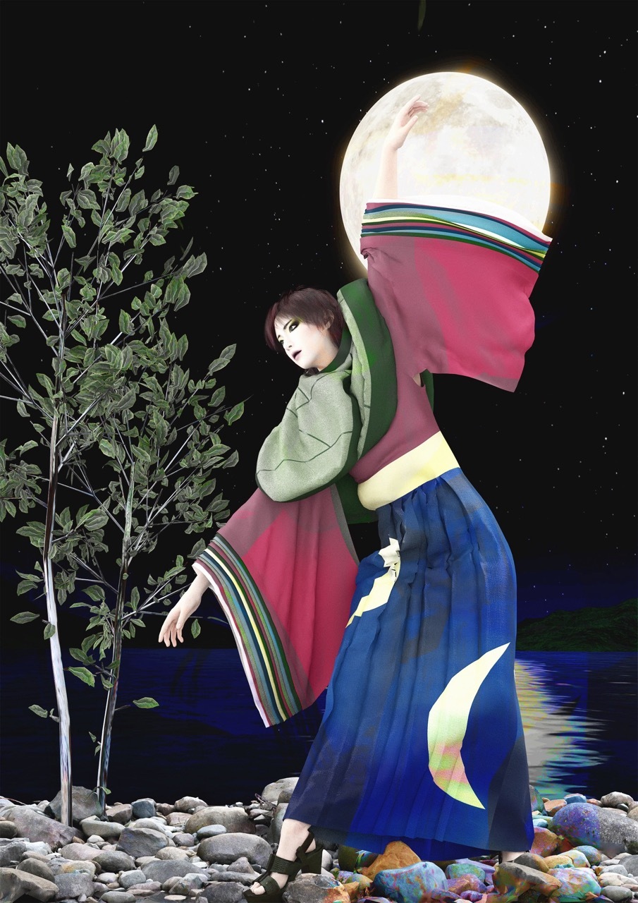 CLO3D Render of a woman posing dramatically in Bamboo Cutter inspired outfit with a large moon in the background.