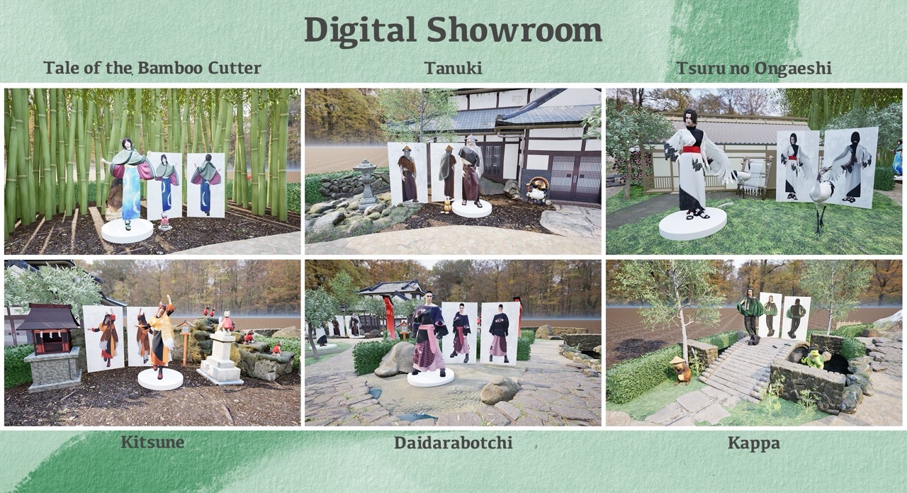 Six screenshots of the six areas shown in the digital showroom. The Bamboo Cutter in a bamboo forest, Tanuki next to a modern Japanese house and some alcohol, Tsuru no Ongaeshi next to an old Japanese house with a crane, Kitsune in an inari shrine, Daidarabotchi in a rocky landscape, and finally, the Kappa next to a river with a kappa inside it.