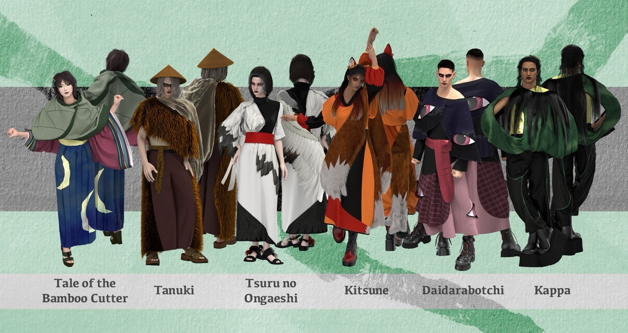 Twelve CLO3D renders, showing the fronts and backs of the six outfits with text to show which yōkai or folktale influenced the design, green background.