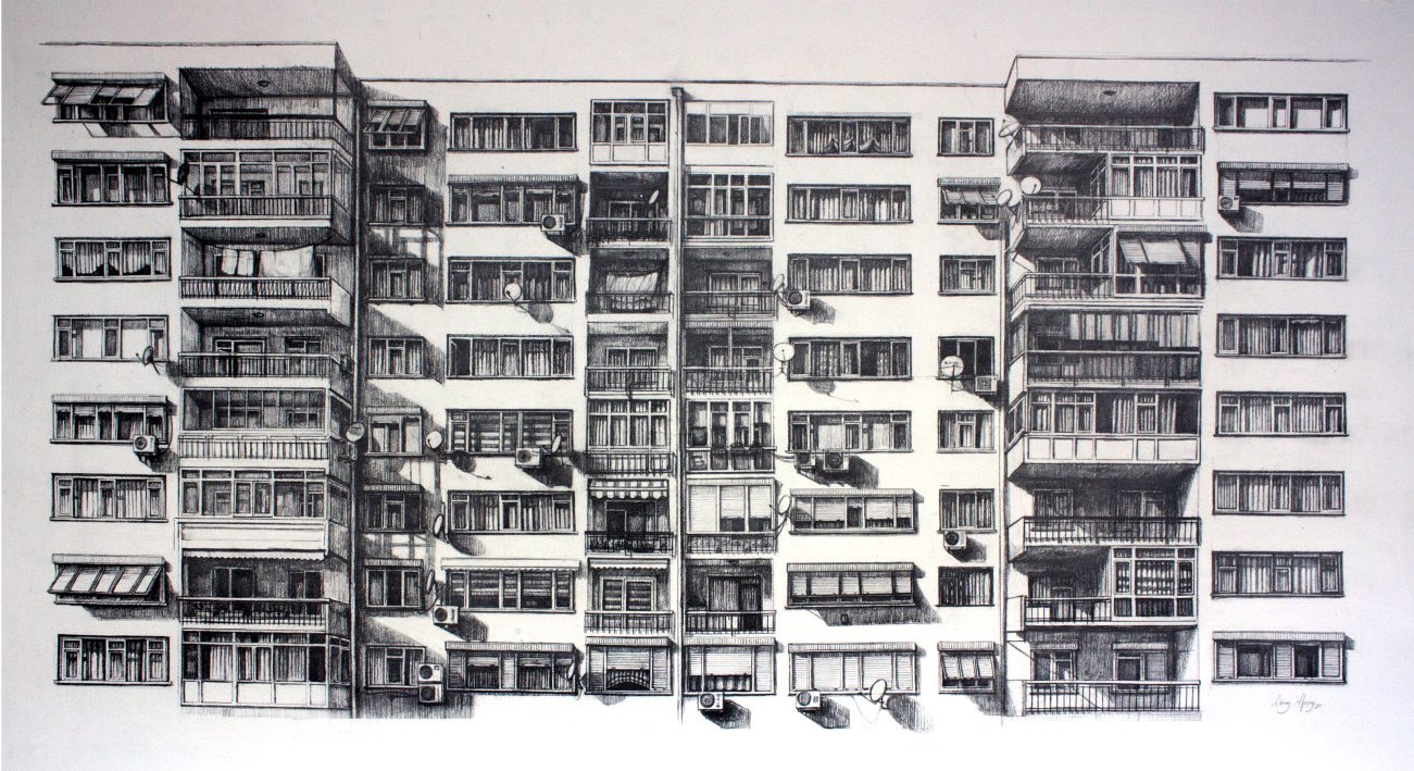 Pencil line drawing of an eight-storey block of flats with balconies and window boxes.