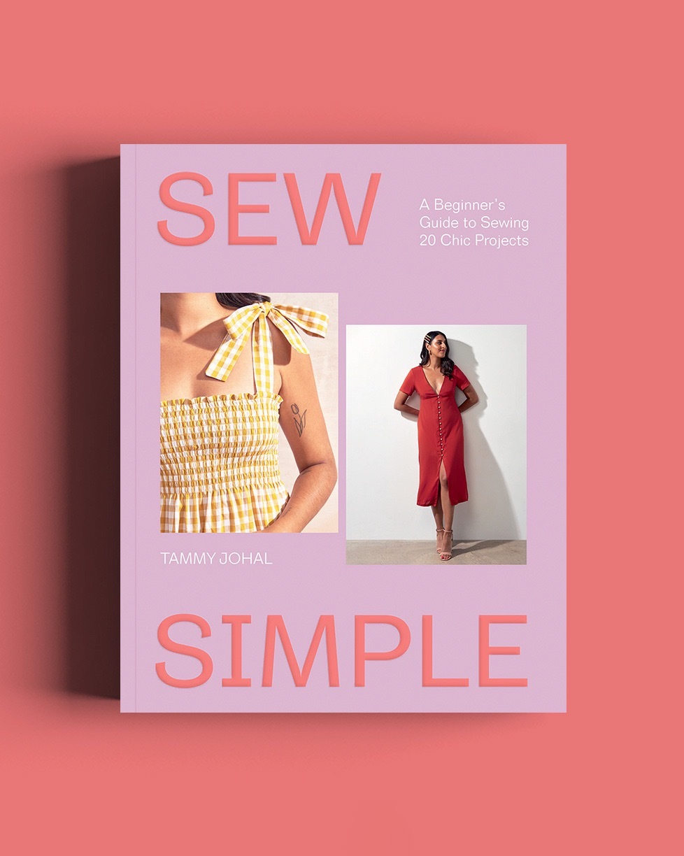 Front cover for 'Sew Simple: A Beginner’s Guide to Sewing 20 Chic Projects' with images of a yellow gingham dress and Tammy in a red dress. Text in pale orange with a pink background.