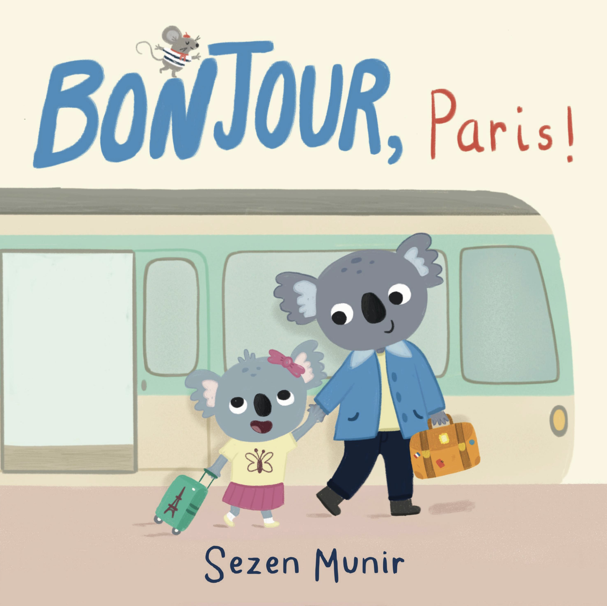 Illustration of two cartoon koalas with suitcases walking beside a mint green train. Blue and red text reads "BONJOUR, Paris!" above.