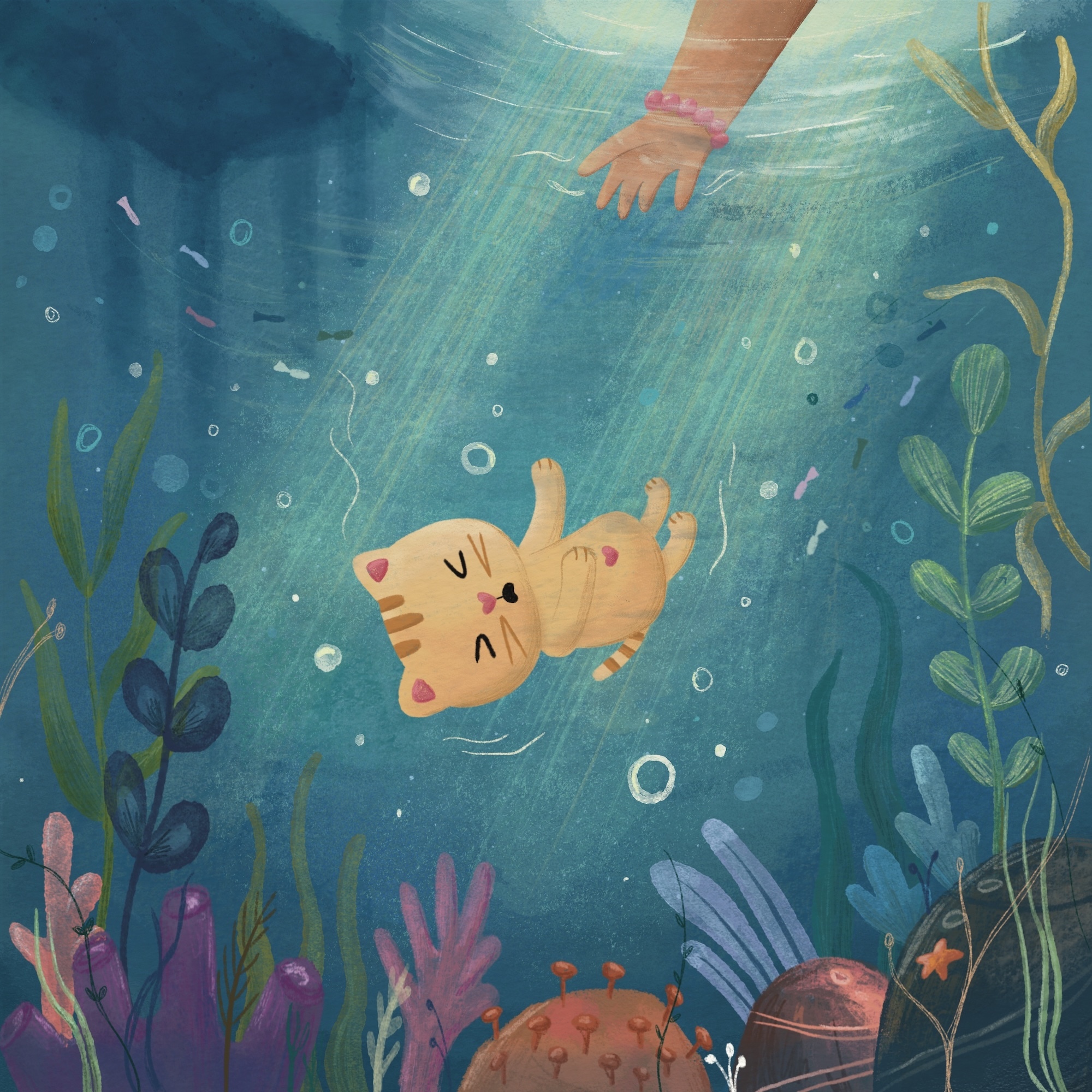 Illustration with orange cat floating in blue-green water, human hand reaching down from above, coral and seaweed at bottom, white bubbles throughout.