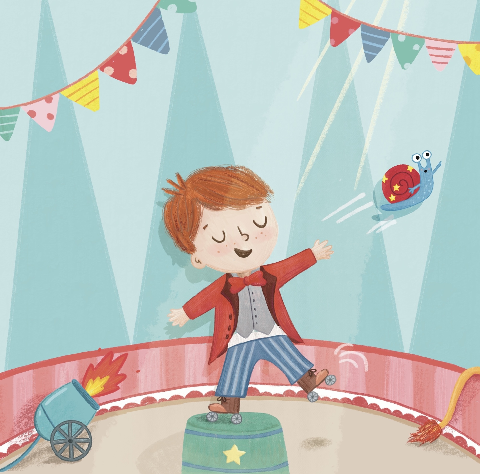 Illustration of boy with orange hair in red jacket standing on green platform. Colourful bunting overhead, circus ring below, cannon and bird.