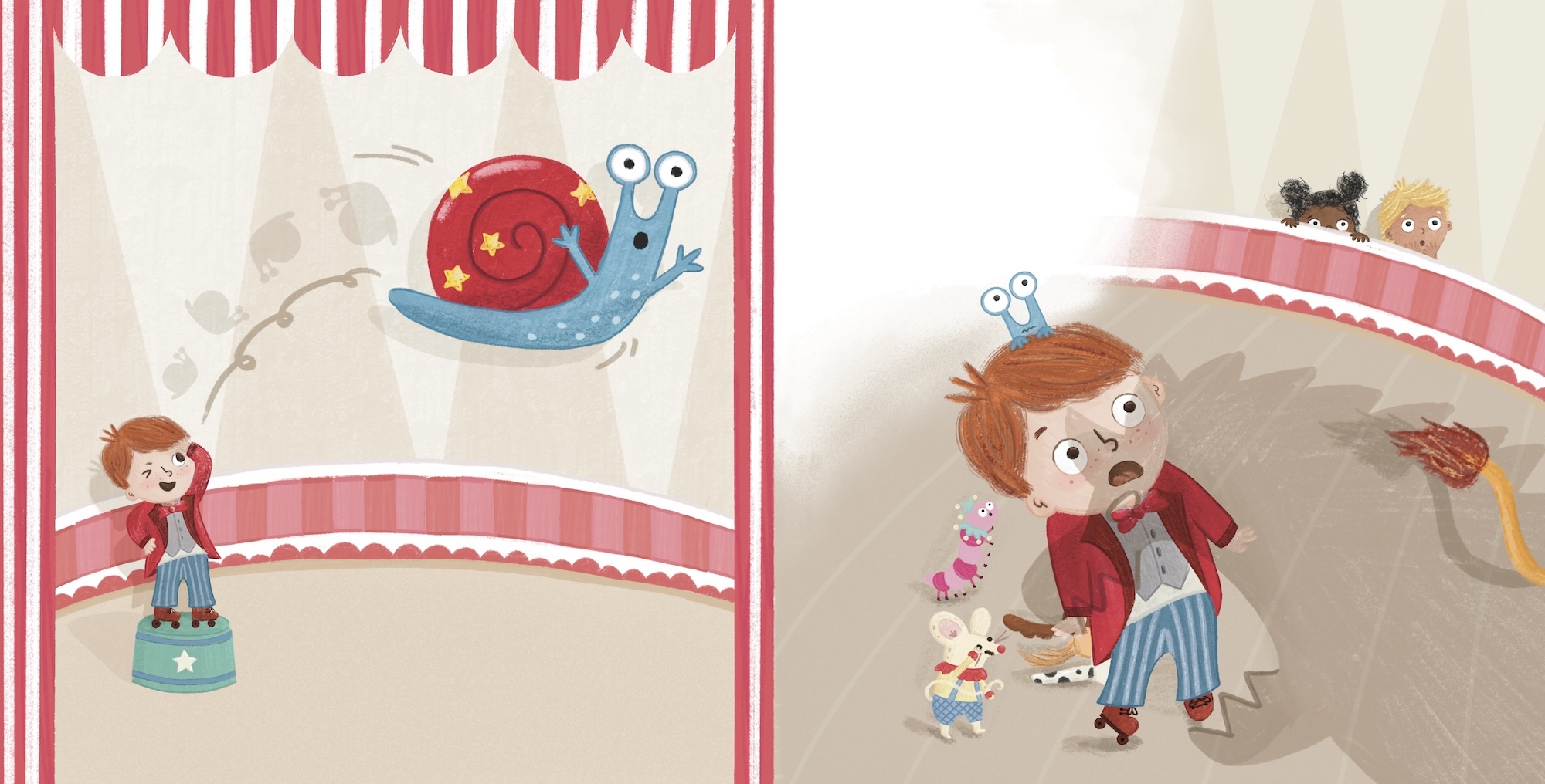 Children's book illustration with red and white striped border. Blue snail with red shell, brown-haired children, curved pink ribbons across beige background.