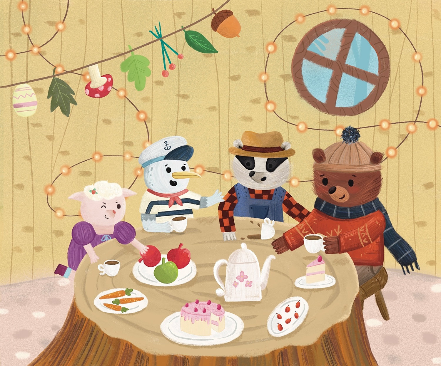 Illustrated woodland tea party scene with four animal characters around brown table. Yellow walls, circular window, decorative vine with lights overhead.