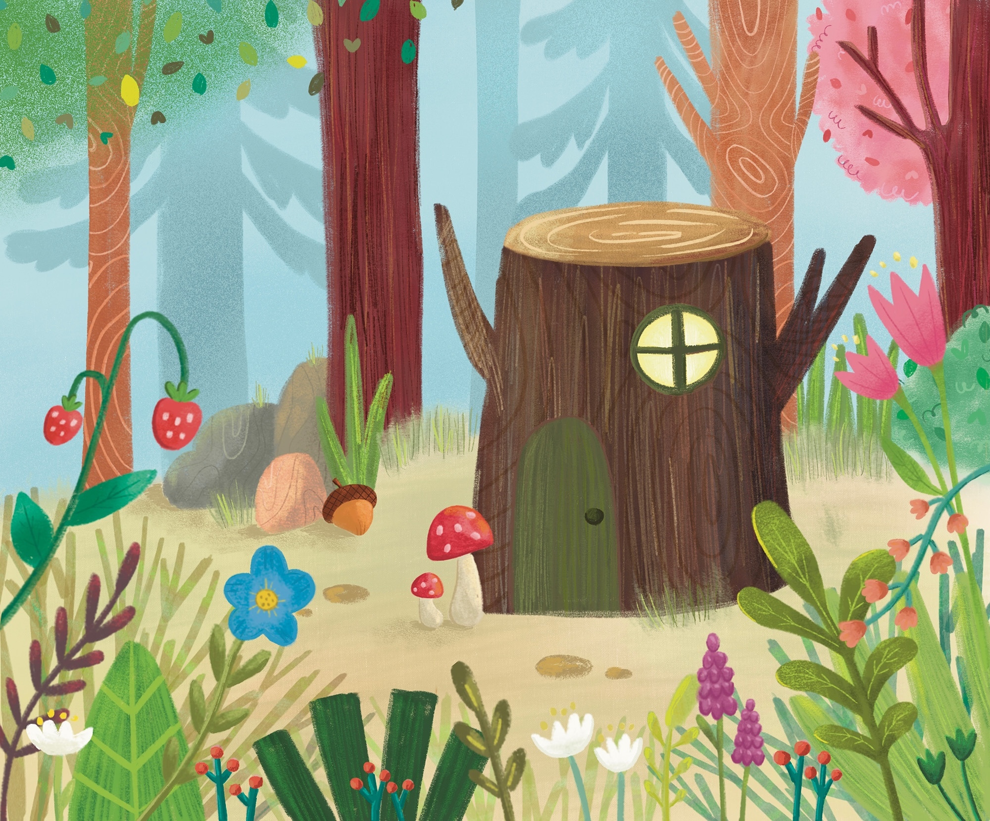 Illustrated forest scene with brown tree stump house featuring yellow window, colourful trees, red mushrooms, strawberries, and various flowers on forest floor.