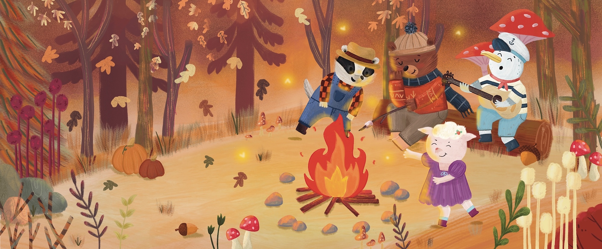 Cartoon illustration with warm orange and brown tones showing anthropomorphic animal characters around a red campfire in an autumn forest setting with falling leaves.