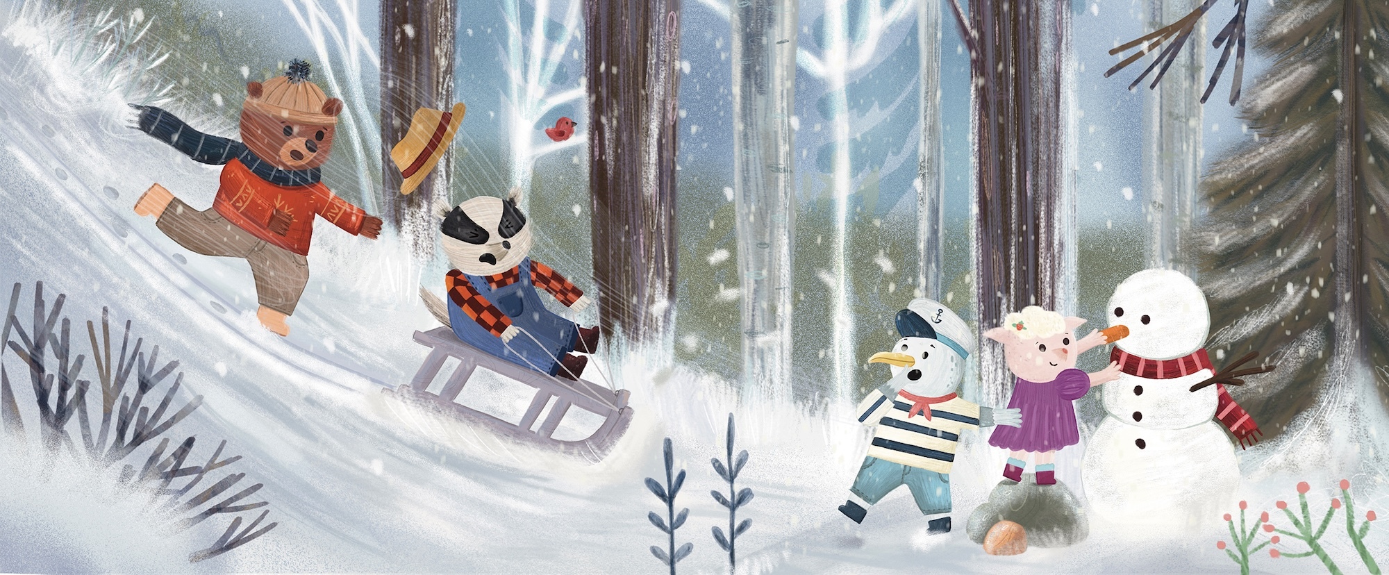 Illustrated winter scene with characters sledging down snowy hill between tall brown trees, children and snowman with colourful scarves below.