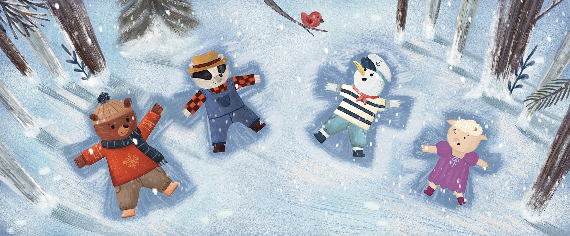 Illustration of four cartoon characters lying in snow between dark tree trunks. Characters wear bright clothing: red, blue, striped, and purple jumpers against white snowy ground.