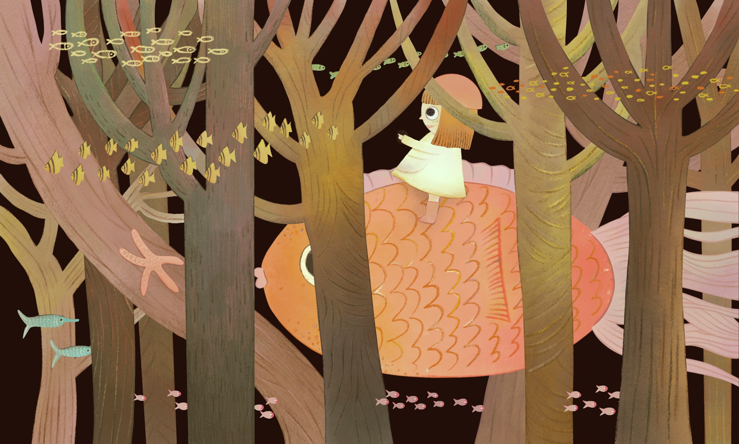 Illustration of a girl flying on an orange fish through the woods with other schools of fish, dark background.