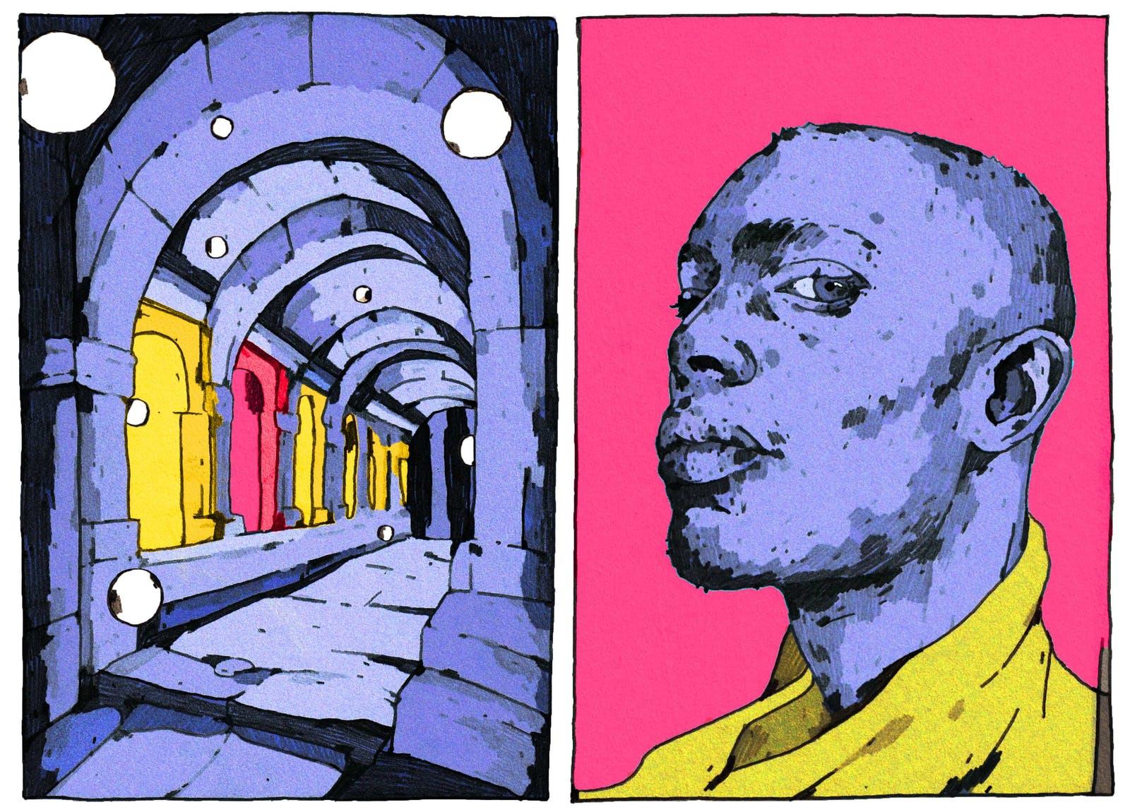 illustration of a tunnel on the left and a person on the right