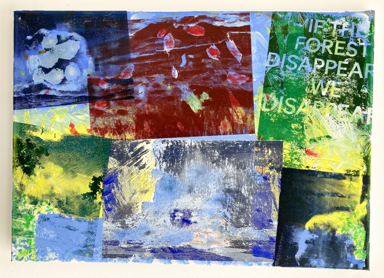 Collage of overlapping painted rectangles in blues, reds, greens and yellows with visible text including "IF THE FOREST DISAPPEARS, WE DISAPPEAR".