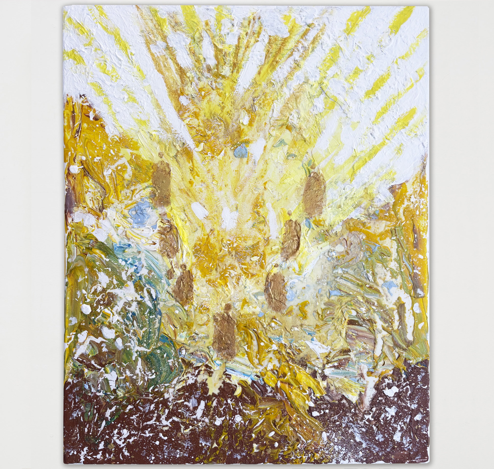 An abstract painting featuring bold strokes of yellow, white, and brown. The vibrant yellow tones radiate from the centre, set against darker green and brown hues, creating dynamic textures and layers.
