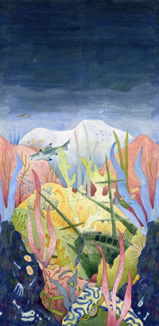 Illustration of an ocean floor scene with coral, creatures and a shipwreck.