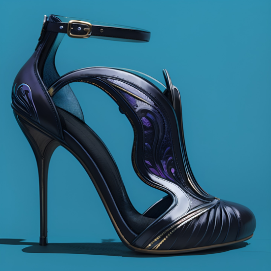 Digital design for a stiletto high-heeled shoe on a blue background.