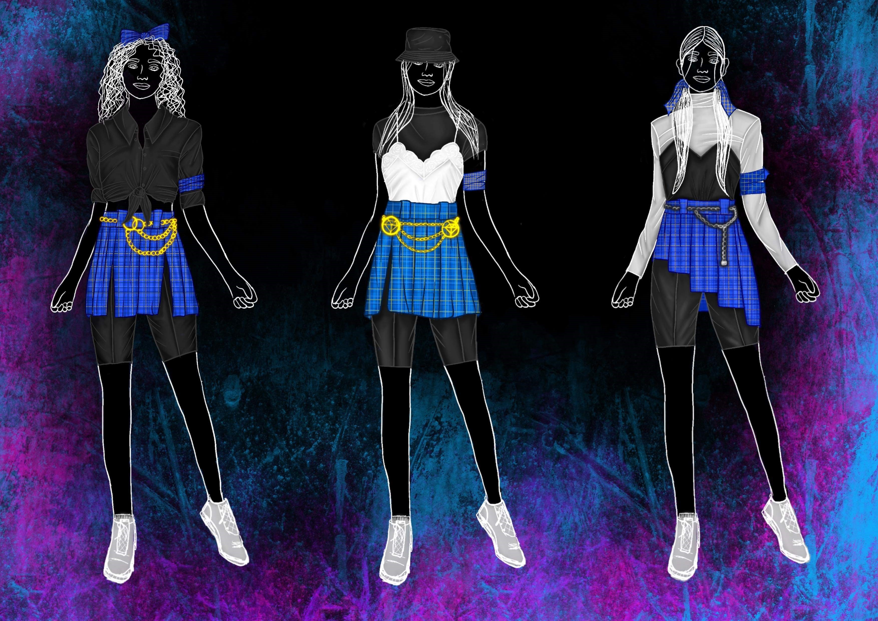 Illustration of three dancers. The clothes are in colour, the rest is in black with white lines.