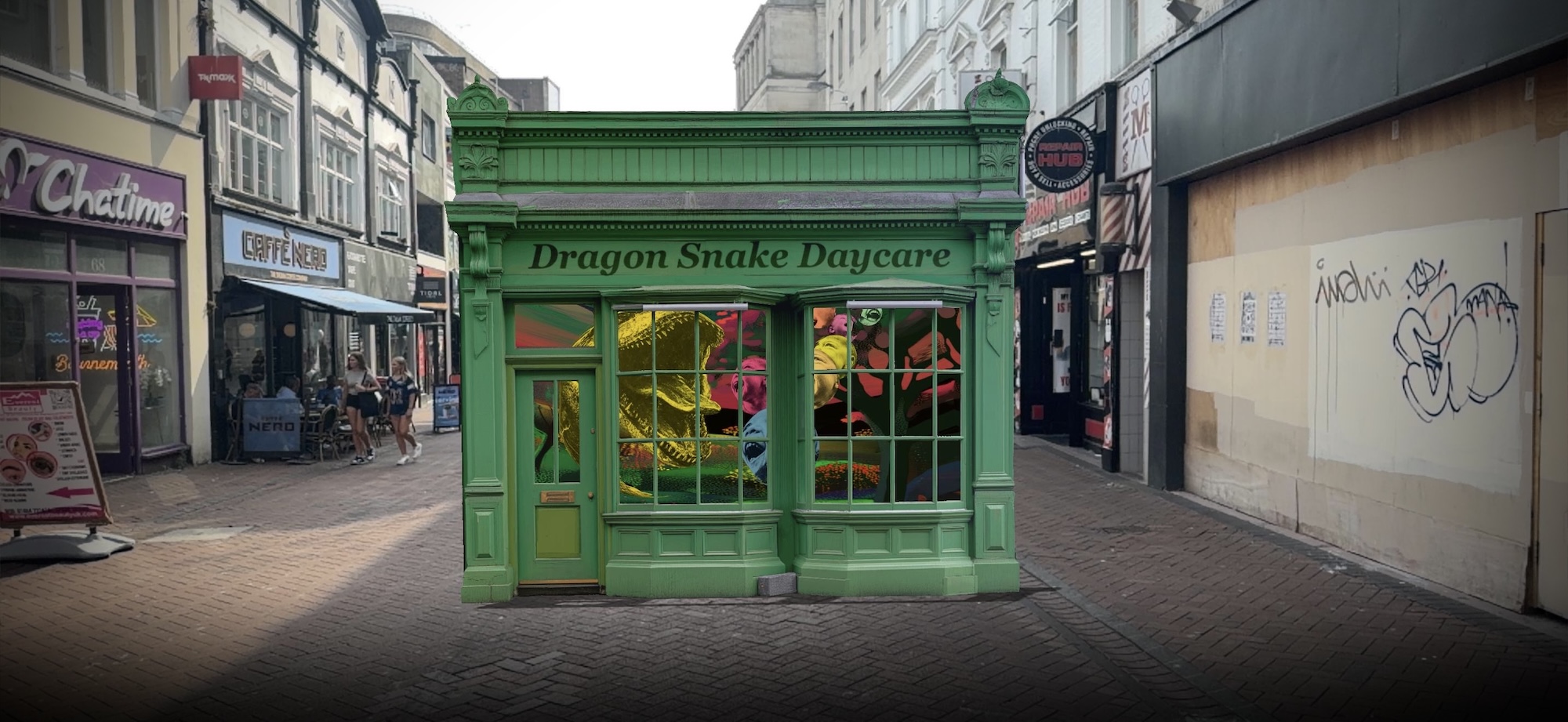 A green storefront for Dragon Snake Daycare stands in a paved pedestrian street, with shops on either side and a graffiti-covered wall to the right.