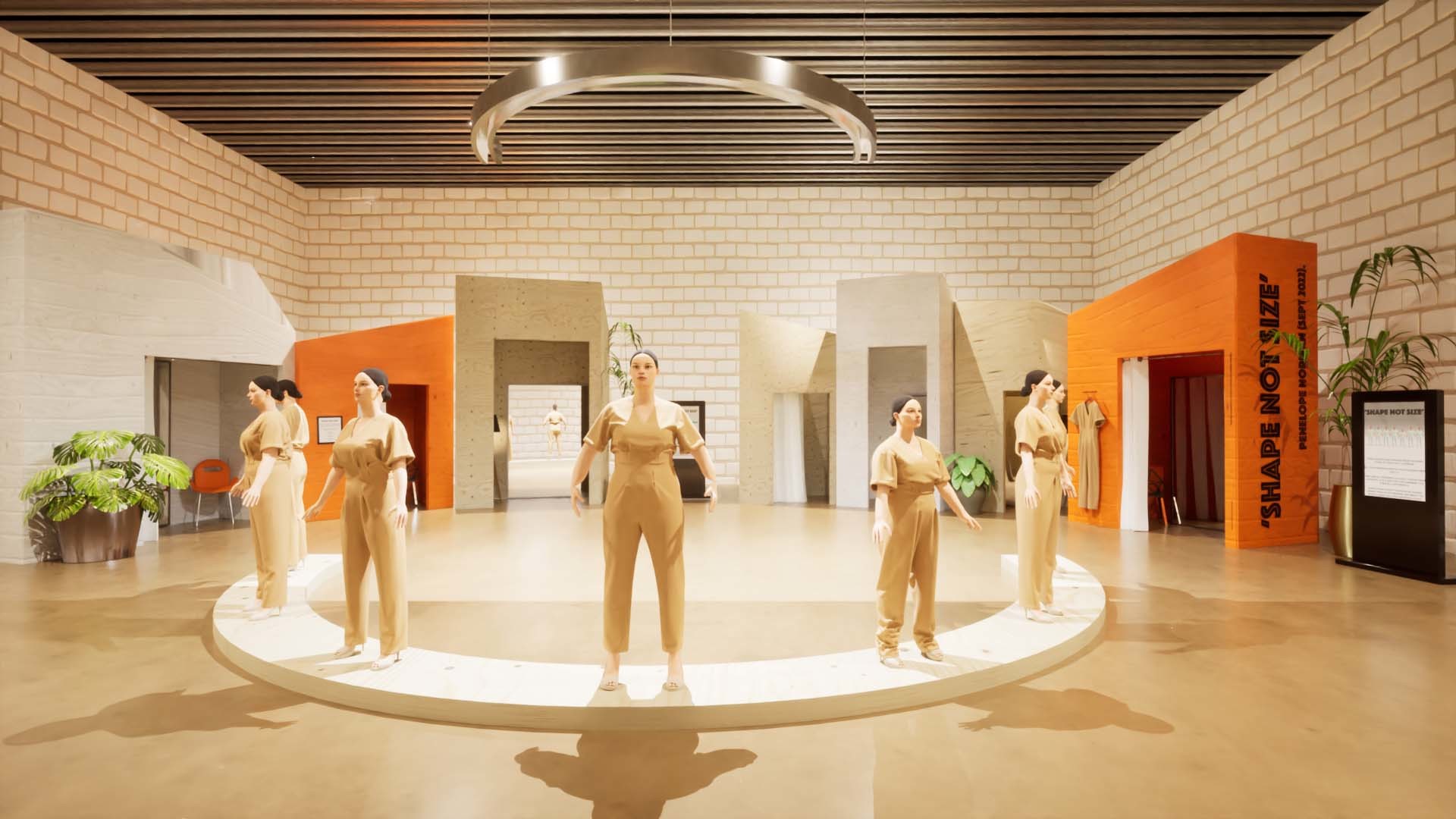 Several mannequins arranged in a horseshoe shape in a large open space