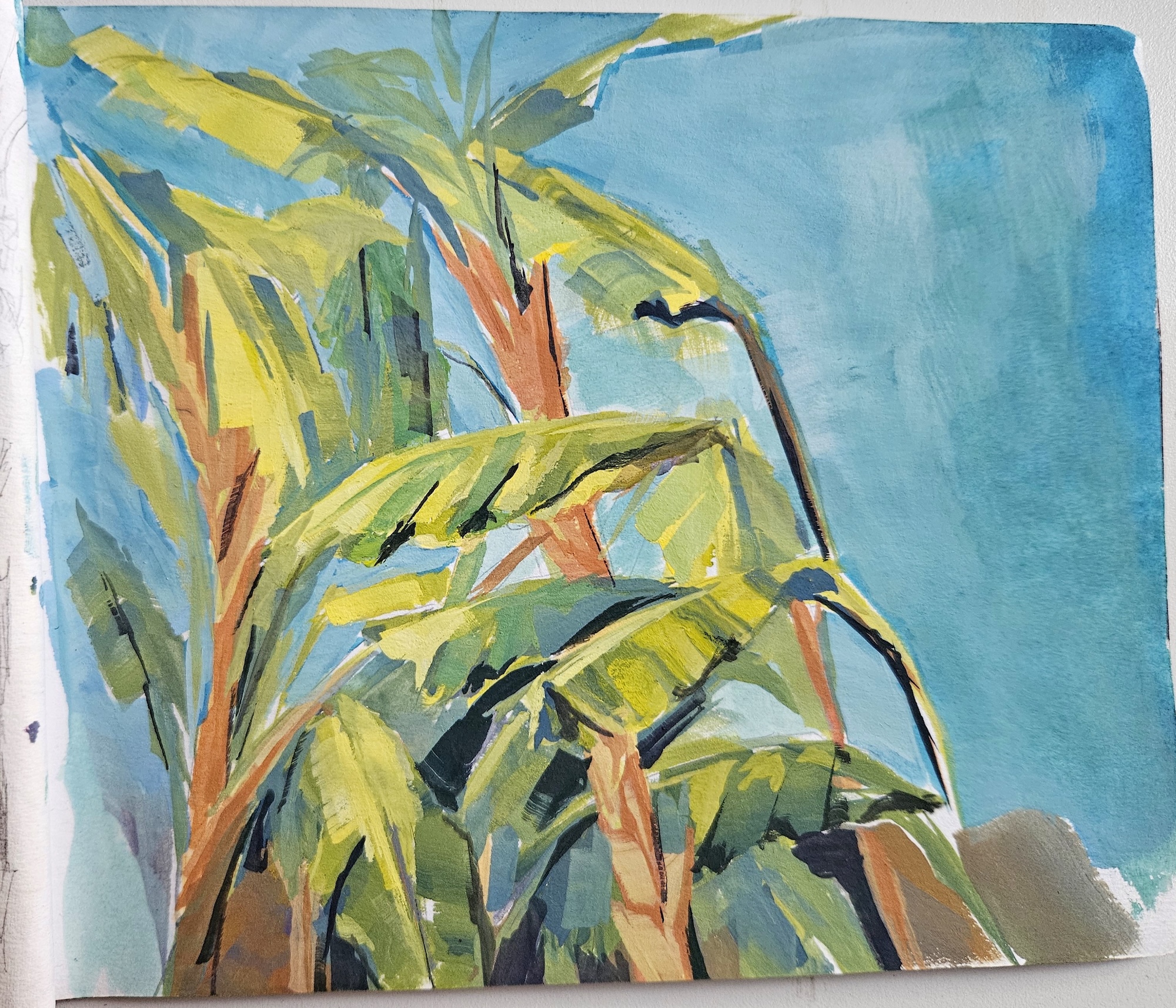 Painting of a group of palm trees with a blue background.