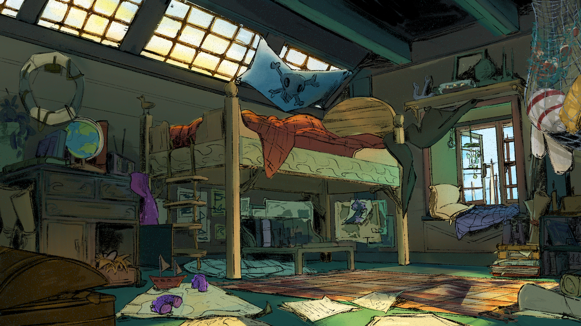 Painting of a messy bedroom with a raised bed, a desk underneath it, several clothes and papers on the floor, and light coming through a set of skylights above.