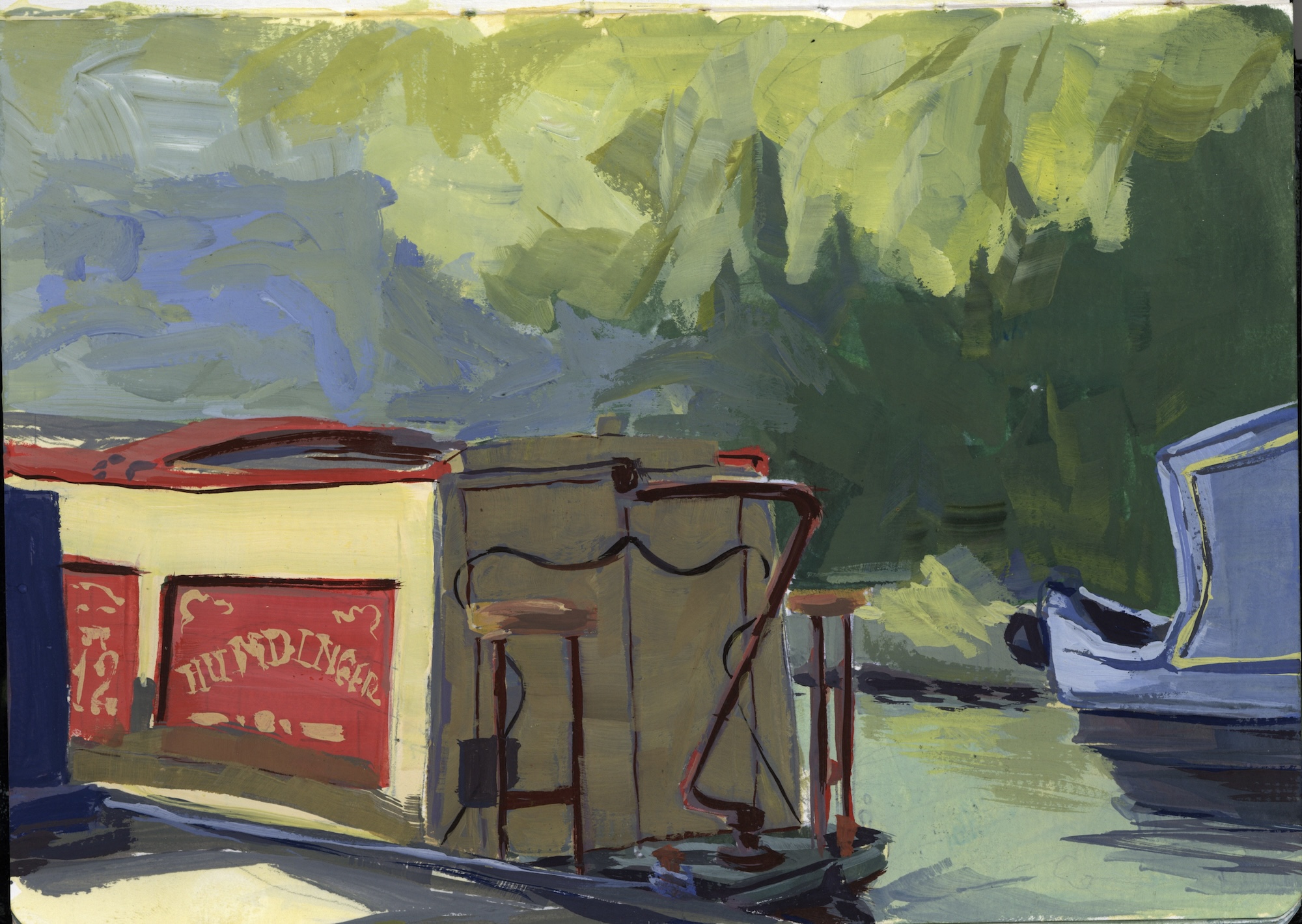 Painting of a house boat called the "Humdinger" on a river with a green background