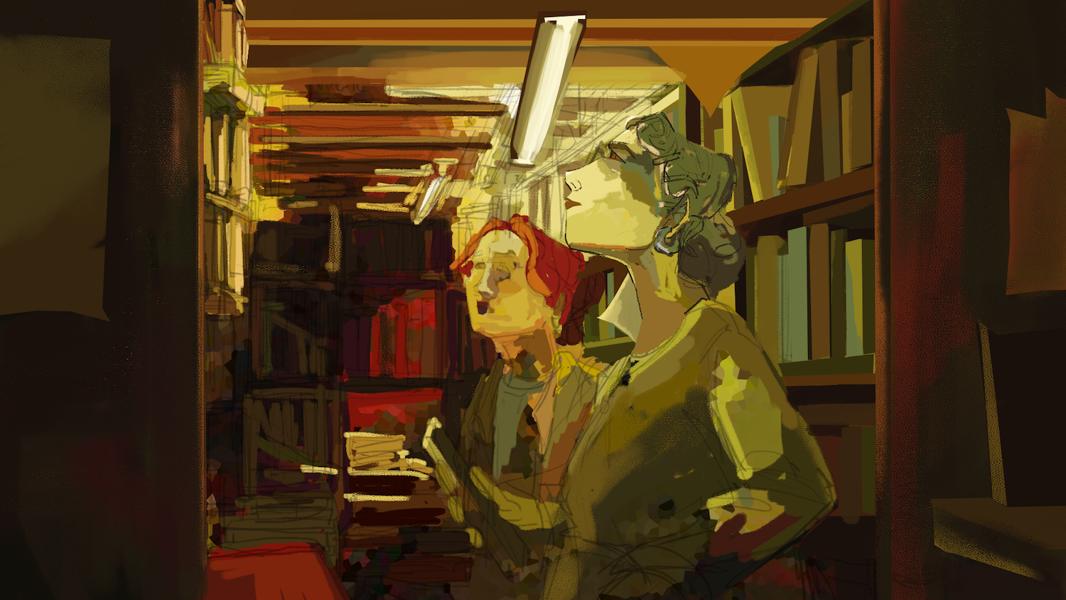 Painting of two people browsing in a bookstore, with several shelves visible in the background.