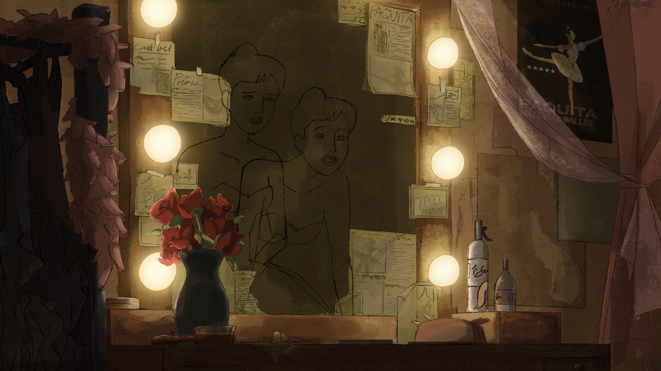 Animated still of two line-drawing characters looking in a mirror surrounded by flashbulbs, with newspaper clippings stuck to it.