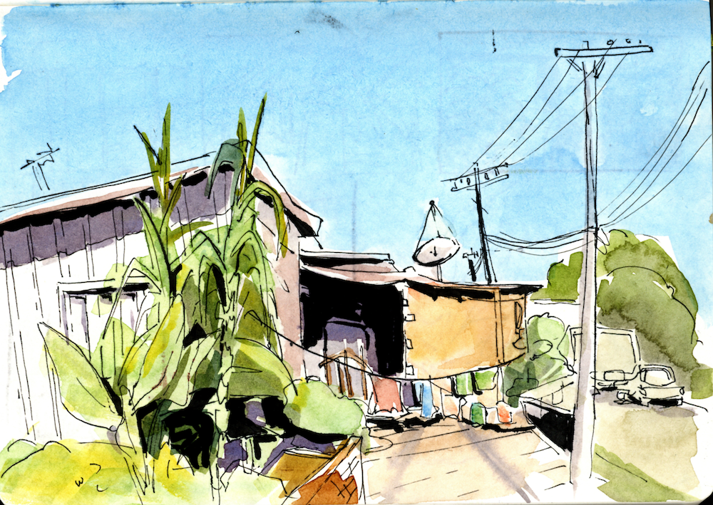 Painting of the outside of a house with telephone cables on the right-hand side.