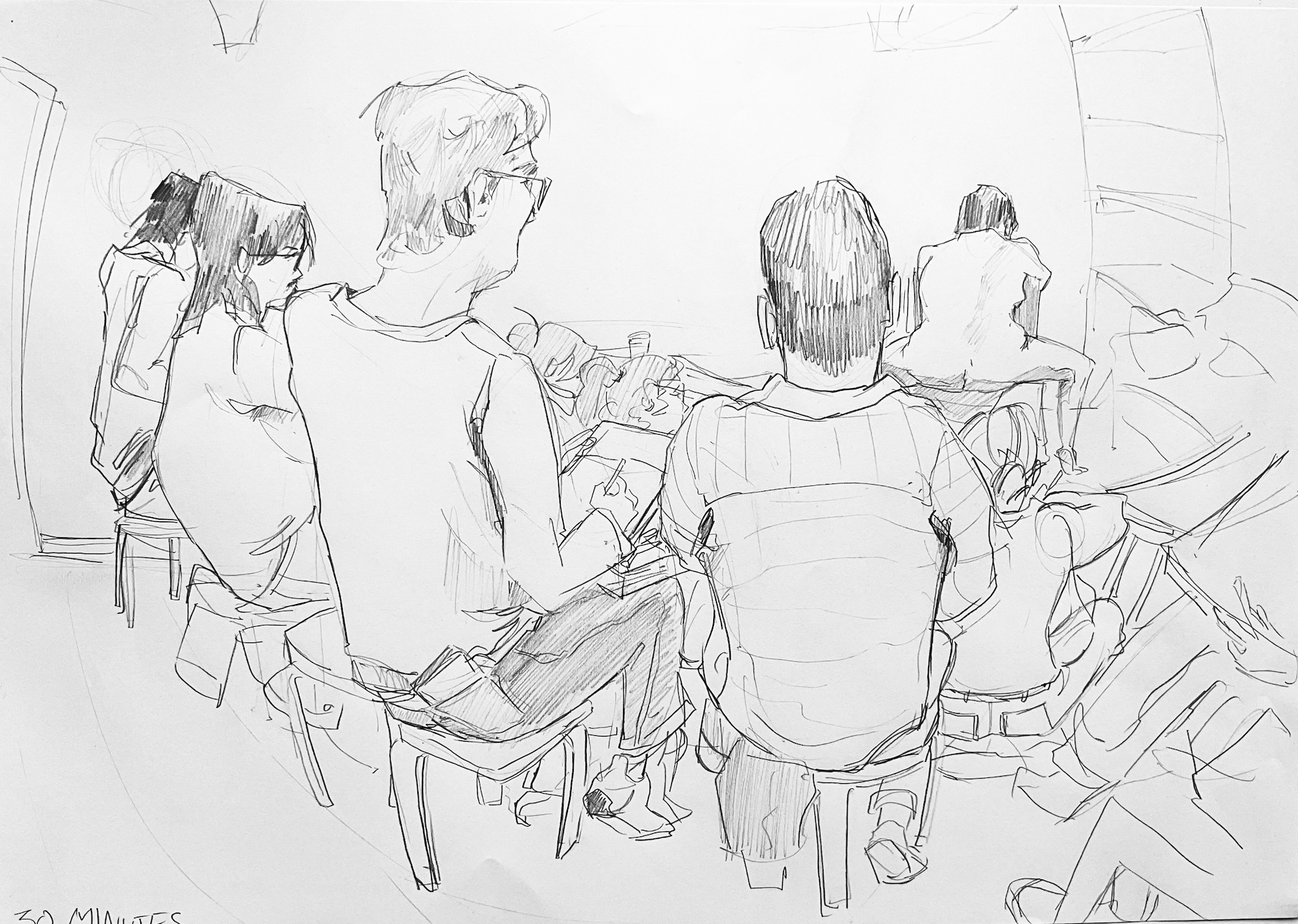 Pencil drawing of a group of people drawing a live model, sat facing away from them.