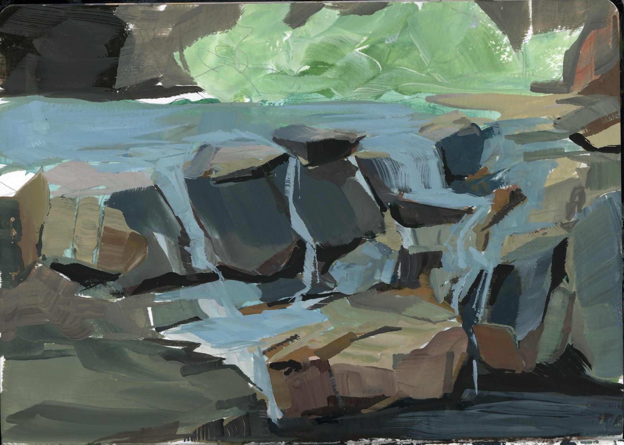Painting of a small rocky waterfall.