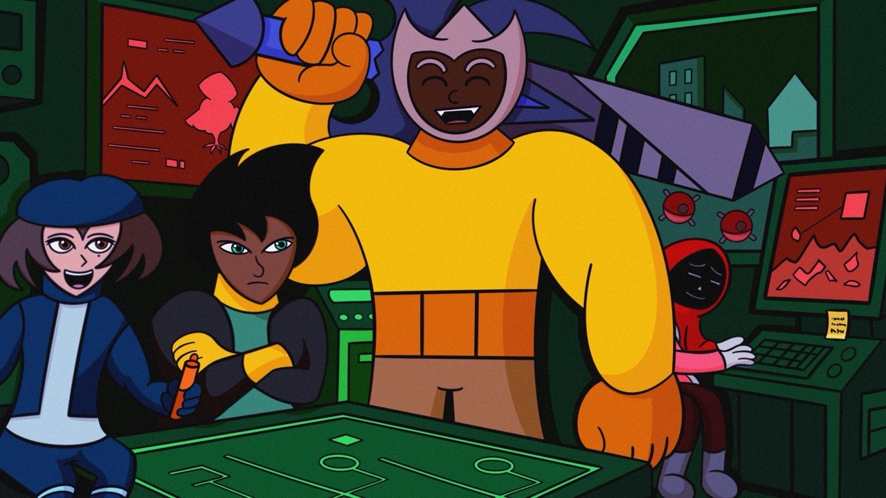 Animated characters around green table: pale figure in blue, dark-haired child, large yellow-orange muscular figure with purple mask, red robotic figure. Dark interior setting.
